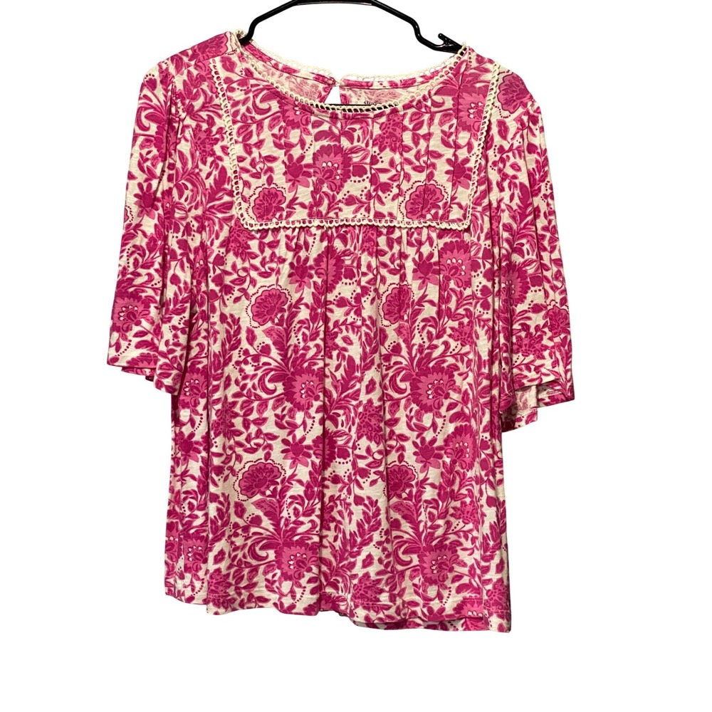 Studio Park Pink Floral Lace Trim Blouse Large Romantic Cottagecore Top
